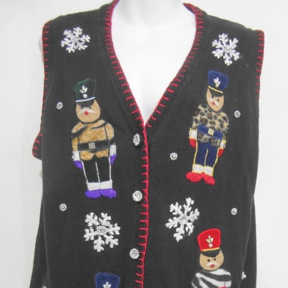 Ugly Christmas Sweater Vest M Black w Toy Soldiers Snowflakes Lord & Taylor